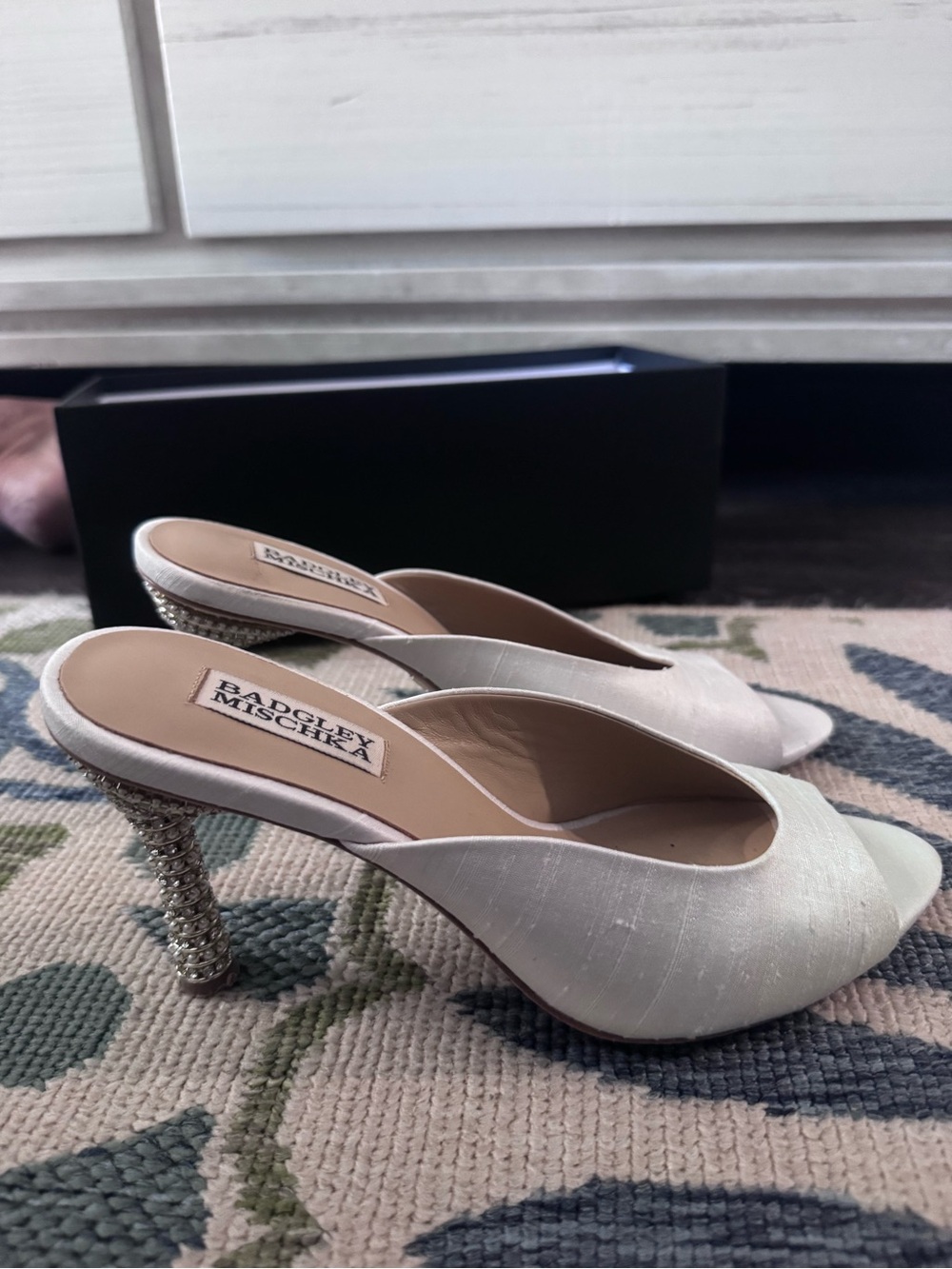 Badgley Mischka Ivory Satin Open-Toe Mules with Crystal-Encrusted Heel